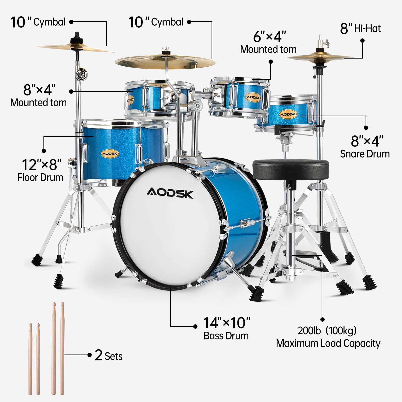 AODSK 5-Piece 14 Inch Beginner Drum Set with Throne, Cymbal Hi-Hat+Sticks
