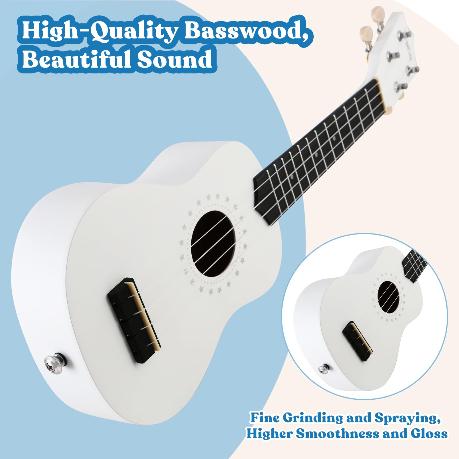 VANPHY Soprano Ukulele for Beginner Adults with Gig Bag 21 Inch Uke for Starter Hawaiian Soprano Ukalalee Polishing Basswood 21 Inch Uke Bundle with Strap Picks Songbook Cleaning Cloth (White)
