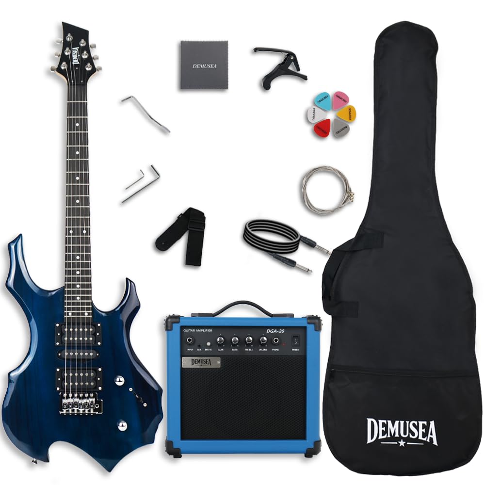 Demusea Full Size 39 Inch Electric Guitar Kit With Standard 20W Amplifier Bundle Solid Body Maple Neck Trans Blue Color 25.5 Scale length HSH Pickup Single Tremolo 24Fret All-in-One Starter Kit Choice