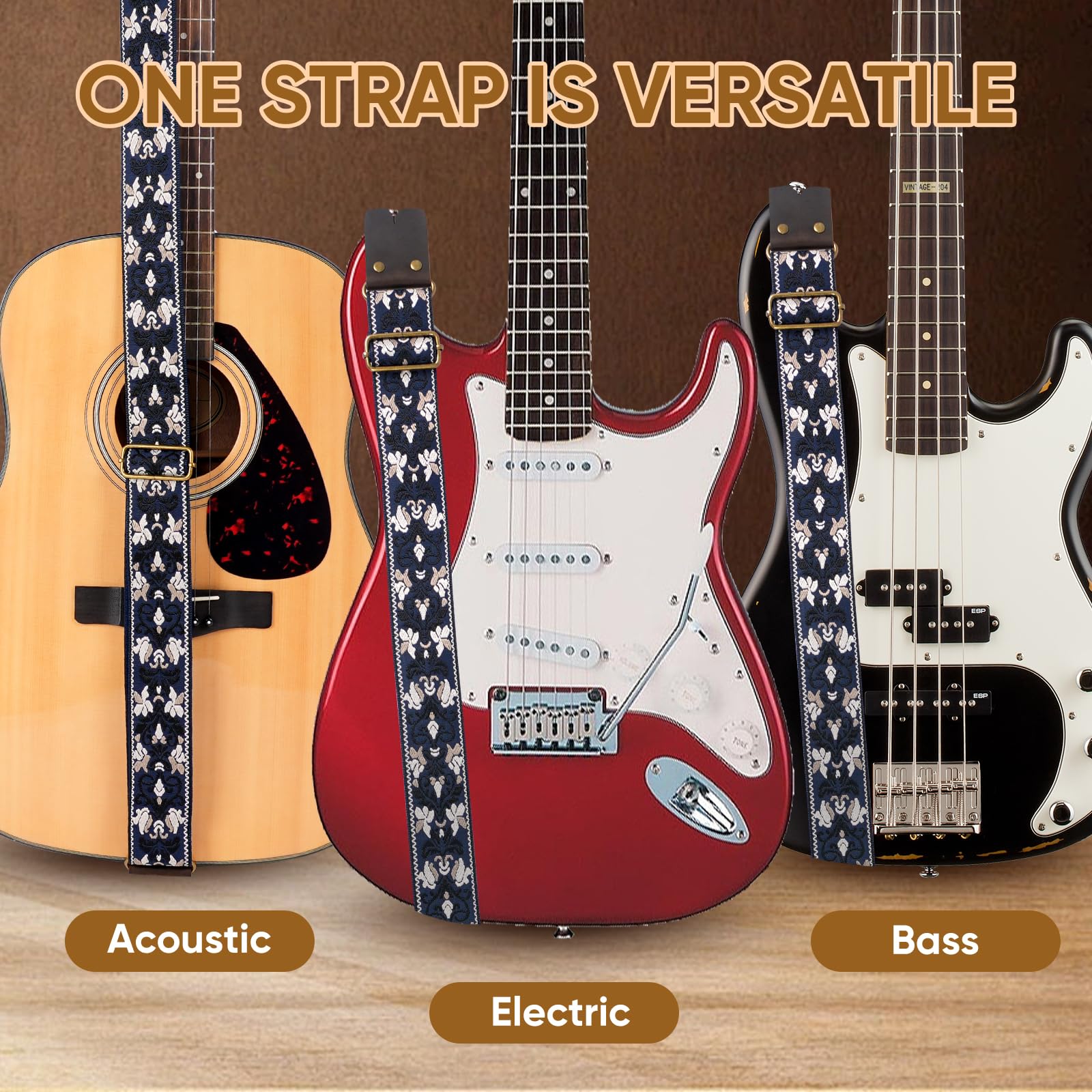 Guitar Strap,Jacquard Cotton Guitar Straps with Real Leather Ends for Acoustic,Electric Guitars and Bass,with Free 1 Head strap, 2 Anti Slip Buckle and 3 Guitar Picks(GS-75-3 Deep Blue Jacquard)