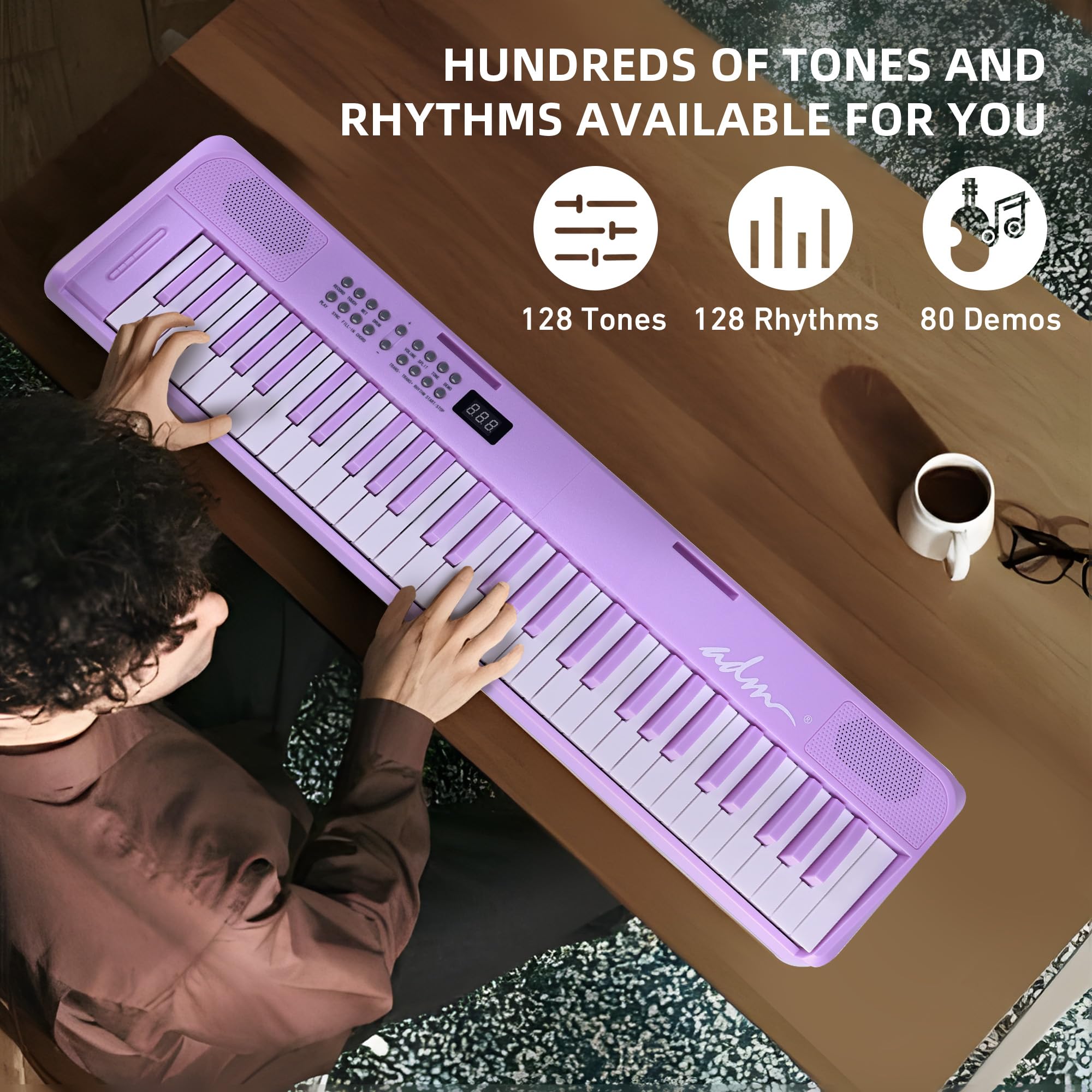 ADM 61 Key Folding Electric Piano Keyboard, Foldable Electronic Keyboard, Wireless 128 Tones, 128 Rhythms Includes Pedal, Gig Bag, Headphones for Beginners, Students, Teenagers, Adults, Purple