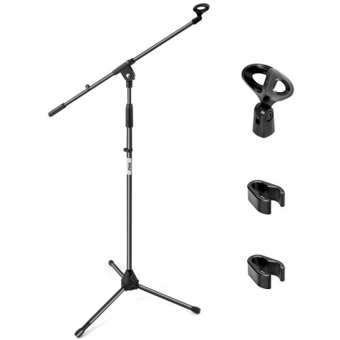 Pyle Foldable Tripod Microphone Stand – Universal Mic Mount and Height Adjustable from 37.5” to 65.0” Inch High w/ Extending Telescoping Boom Arm Up to 28.0” – Knob Tension Lock Mechanism PMKS3