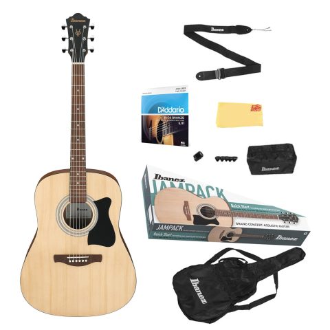 Ibanez IJV50 JamPack Dreadnought Acoustic Guitar Pack – Open Pore Natural Bundle with Gig Bag, Tuner, Strings, Pouch, Strap, Picks and Austin Bazaar Polishing Cloth