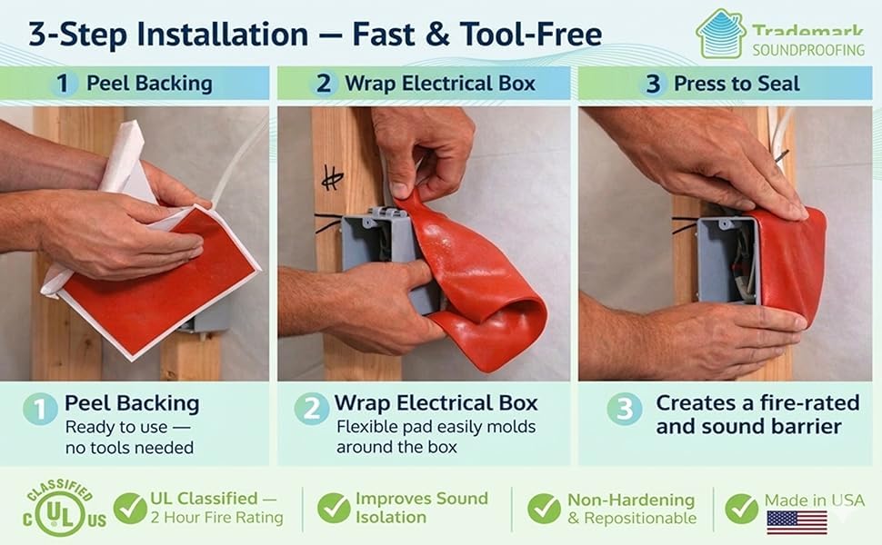Trademark Soundproofing Acoustical Putty Pads – UL Rated Fire Stop, Electrical Putty Pads for Electrical Boxes, Wall Openings Outlet – UL and STC Rating – Box of 10 – Made in USA