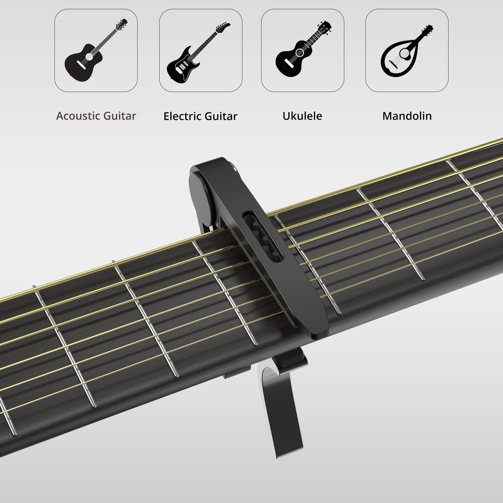 Capo, Guitar Capo with Pick Holder and 5 Picks, Guitar Clamp, Guitar Kapo, Capo for Acoustic & Electric Guitar, Ukulele, Banjo, Mandolin (Black & Black)