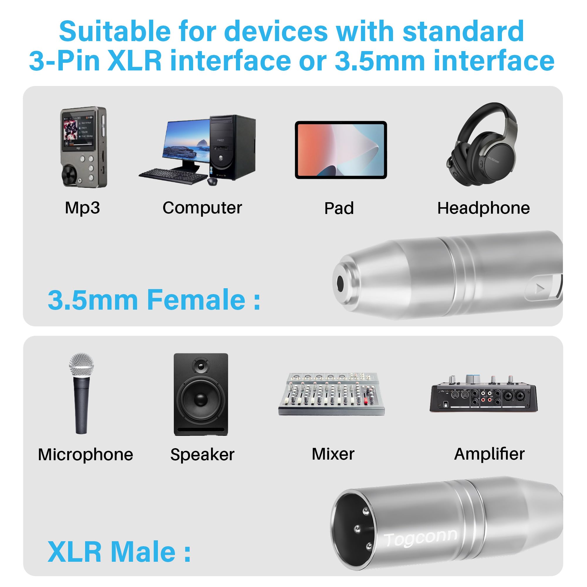 Togconn XLR to 1/8″ Adapter 2 Pack,3-Pin XLR Male to 3.5mm (1/8 inch) Female Stereo TRS Mini-Jack Microphone Audio Extension Connector Converter for Camcorders, Recorders, Mixers