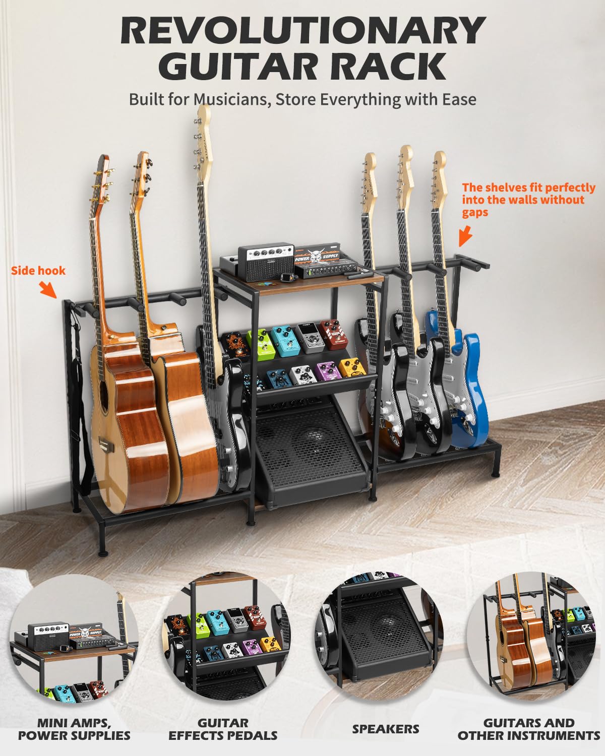 STRICH Guitar Stand – Multiple Guitar Rack with Pedals Organizer for Acoustic, Electric, Bass, Amp Accessories – Display Stand for Home Studio Music Room SMT-40
