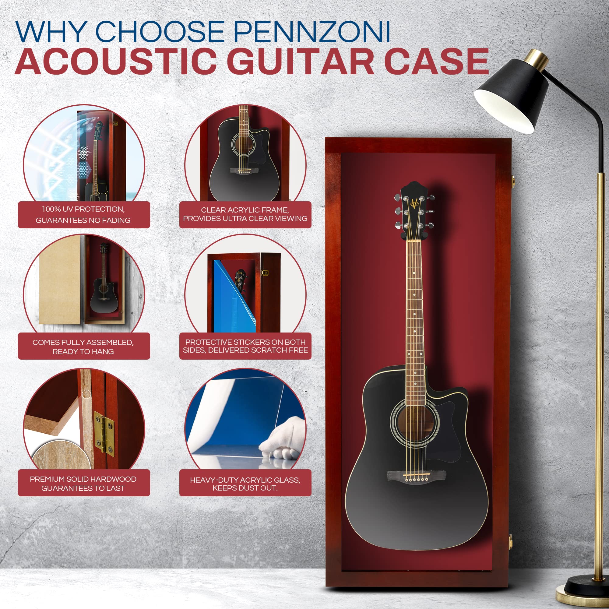 PENNZONI Acoustic Guitar Display Case – Acrylic Acoustic Guitar Case – Guitar Display Case Wall Mount Made from Hardwood Frame & Clear Acrylic – Cherry w/ Red Felt