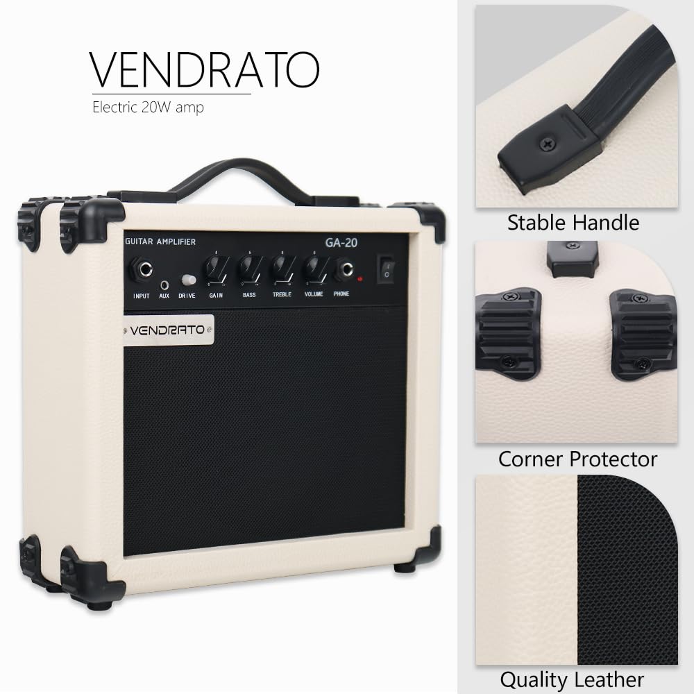 Electric Guitar Amplifier 20w amp Cream White Color gain bass Treble 3.5mm aux in Drive 6.5mm Guitar Input Headphone Portable for Beginner Starter Practice Travel amp noiseless Cable Pick and Adapter