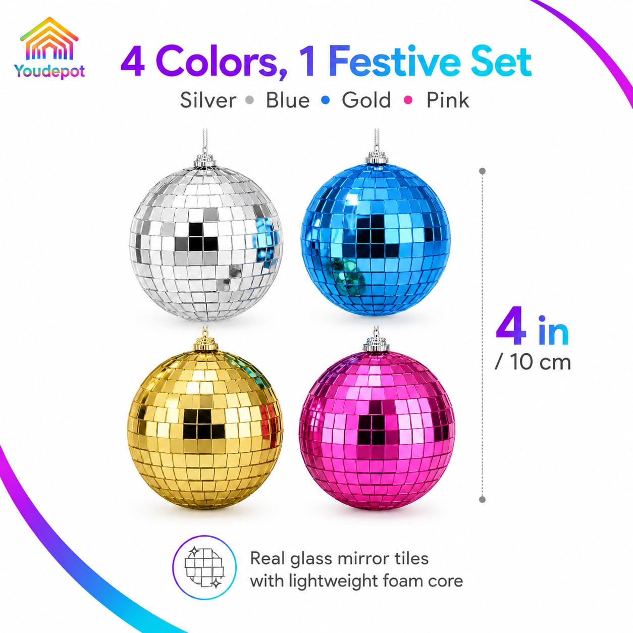 Youdepot Disco Ball 4-Pack 4″ Hanging Christmas Decor
