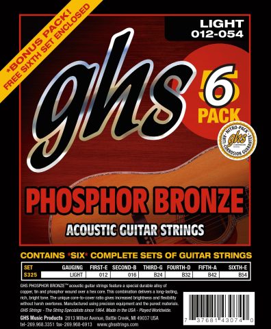 GHS Strings – Phosphor Bronze Acoustic Guitar Strings – Warm, Rich Tone, Balanced & Long-Lasting – For Acoustic, Fingerstyle, Strumming, Country, Rock, S325 Set (L) Light Gauge 13-56, 6 PACK