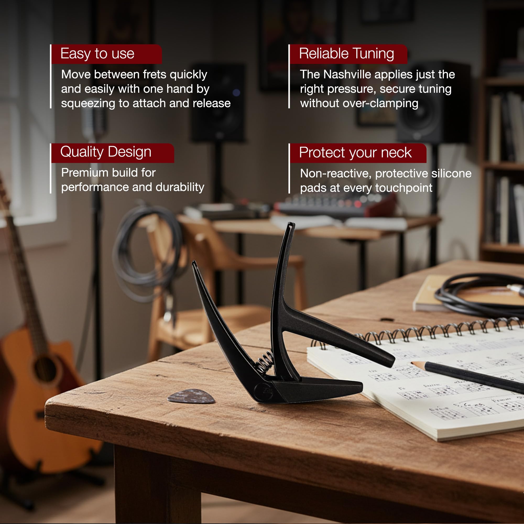 G7th Nashville 6 String Black Guitar Capo – Lightweight and Low Profile with Protective Silicone Pads – The Perfect Capo for Acoustic and Electric Guitar – UK Designed