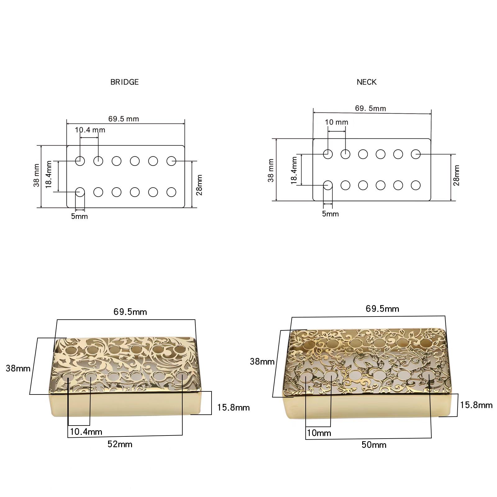 OVSAL 2 PCS Guitar Pickup Covers Gold 50mm/52mm Pole Spcing Pickup Covers Brass Humbucker Guitar Pickup Cover Neck Bridge Pickup Covers for Les Paul Lp Electric Guitar