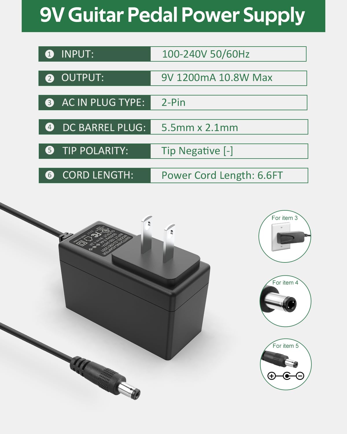 9V DC 1.2A Power Supply for Guitar Pedal Board Affects Adapter Cord 6.6ft