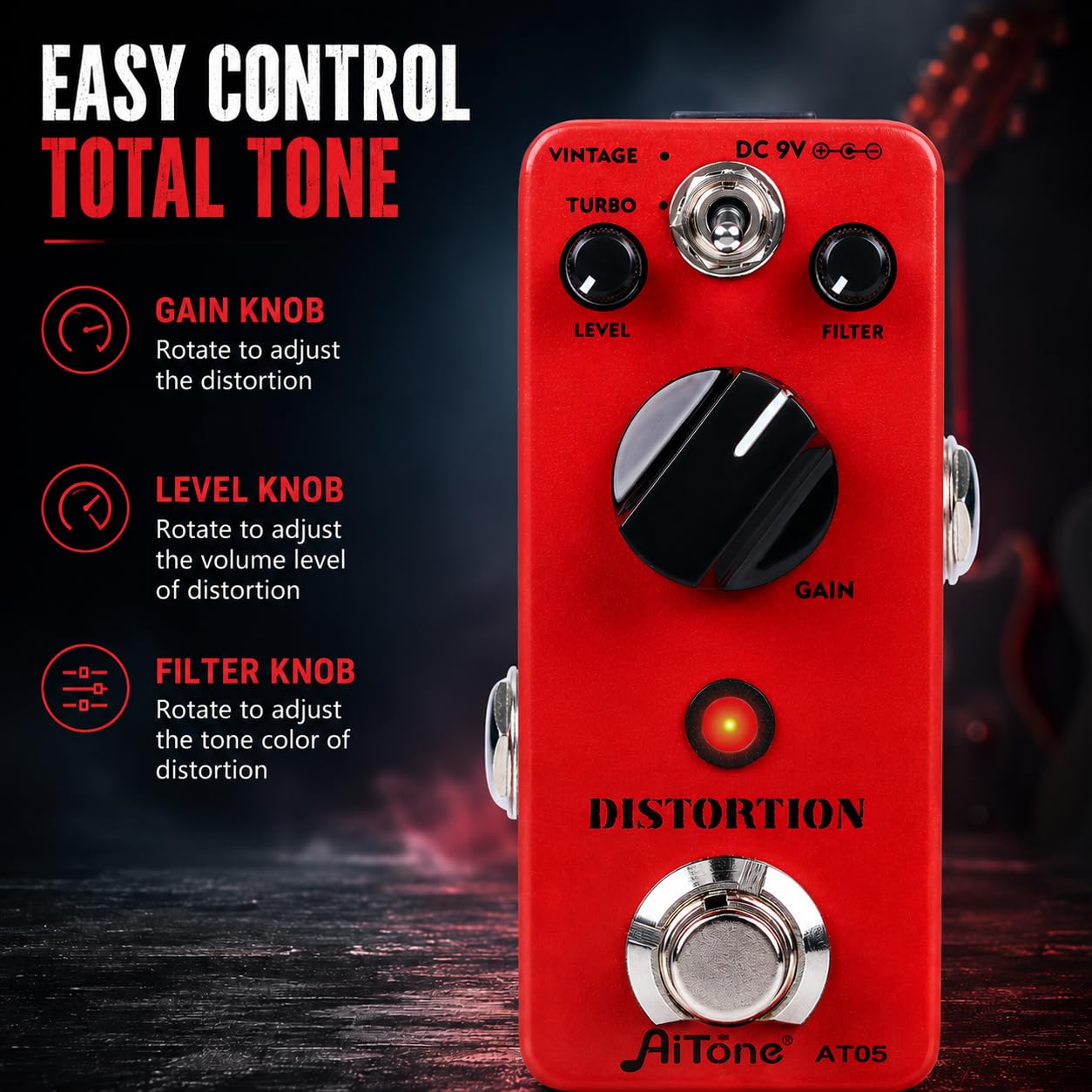 AITONE Analog Distortion Guitar Pedal, Vintage and Turbo Modes (AT-05)