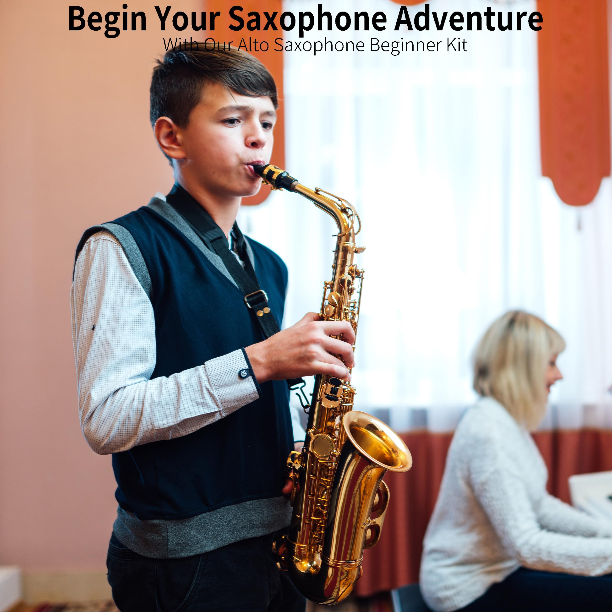 Mendini By Cecilio Eb Alto Saxophone Kit for Beginner – Gold Red