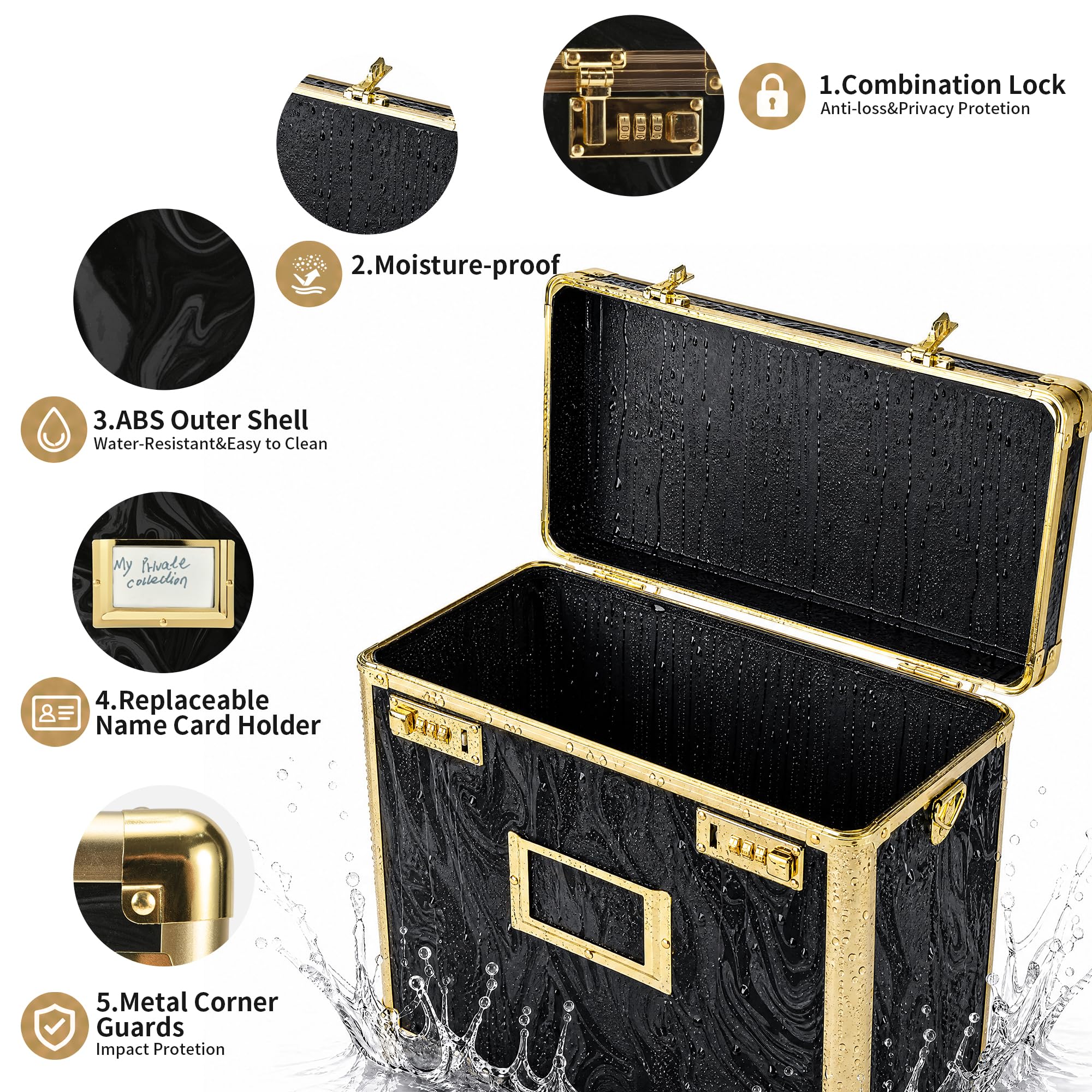 GALHUBIS Vinyl Record Box, Lockable Album Organizer, Holds 32 LPs, Gold