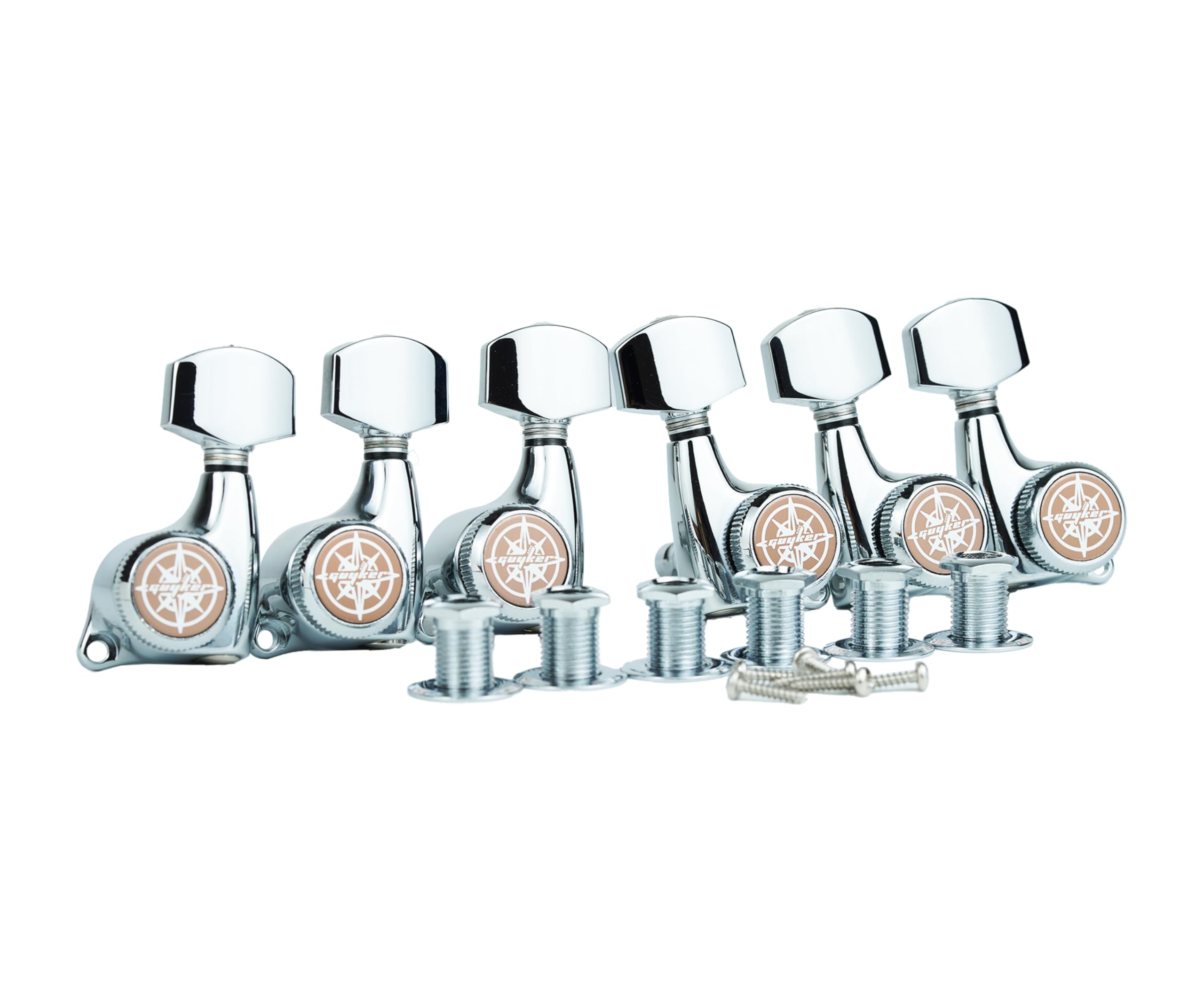 Guyker 6Pcs Guitar Locking Tuners (3L + 3R Handed) – 1:21 Ratio Lock String Tuning Key Pegs Machine Heads with Hexagonal Handle Replacement for LP SG Style Electric, Folk or Acoustic Guitars – Chrome