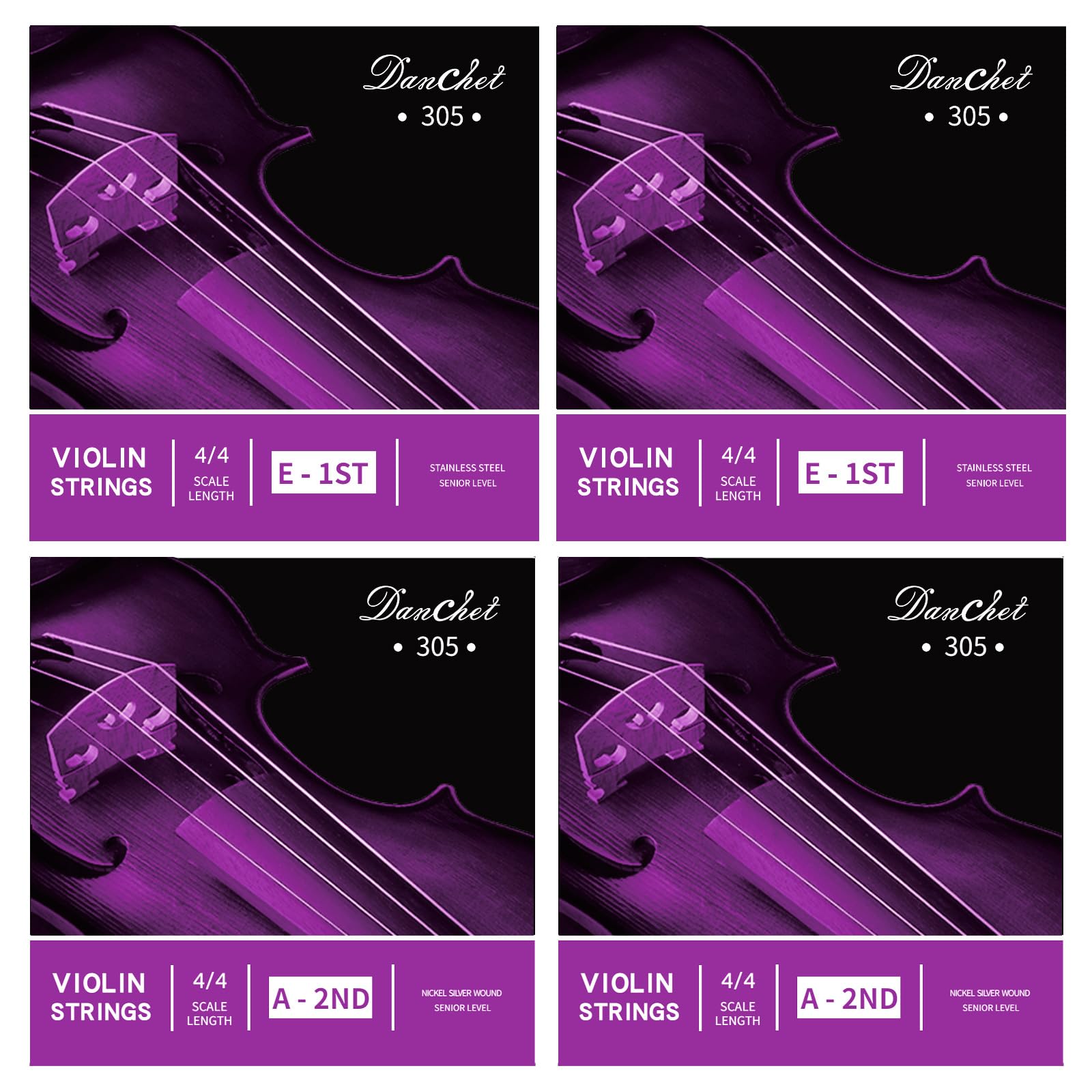 Danchet Violin Strings 4/4 E1. 2 pcs & A2. 2 pcs Senior Level, Ball End, Stainless Steel and Nickel Silver Wound 305…