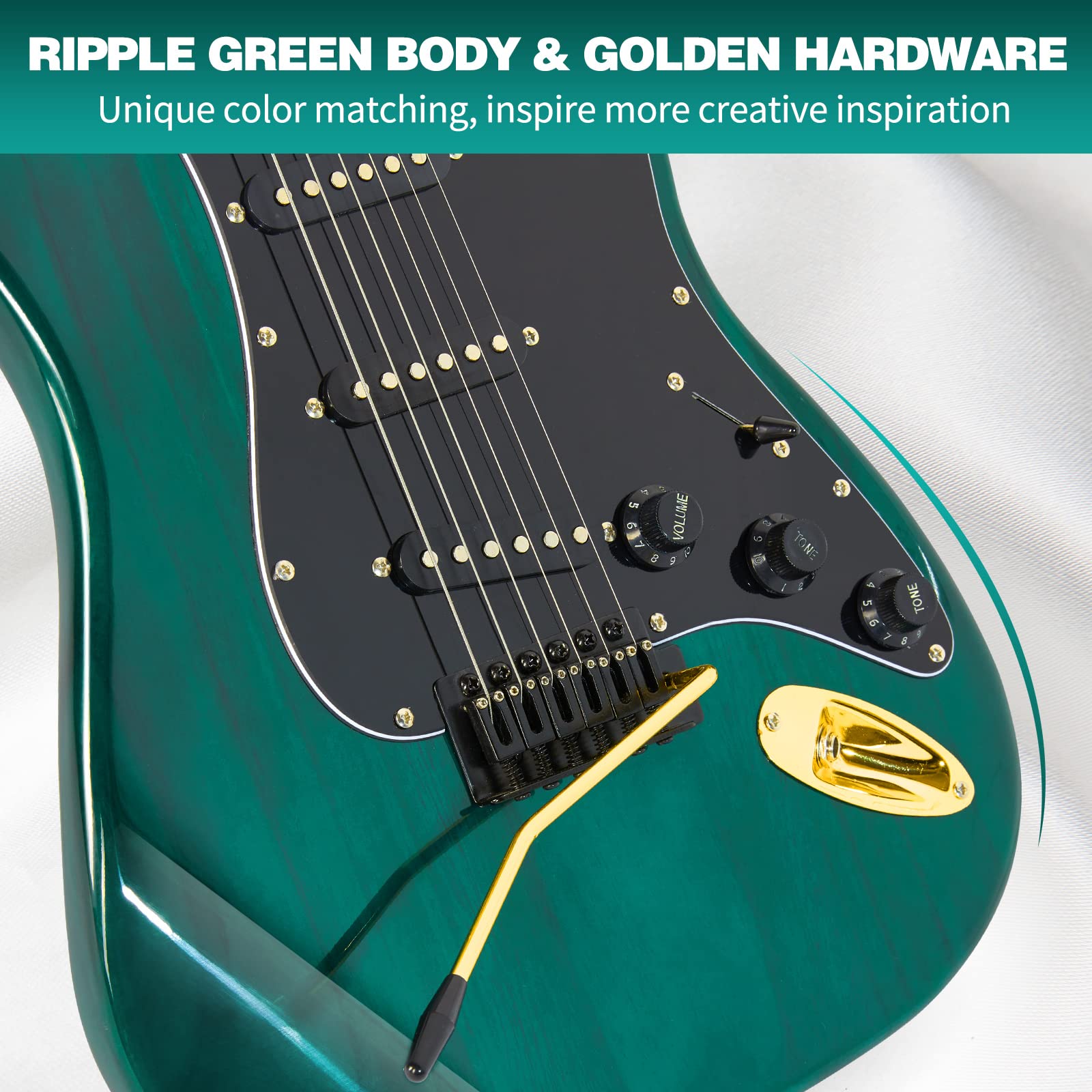 MUSTAR Electric Guitar Kit with 25W Amplifier, 39 Inch Full Size Solid Wood Electric Guitar Beginner Kits, Gig Bag, Digital Tuner, Capo, Strap, Cable, Picks, Birthday Holiday Gifts (Green, MEG-100)