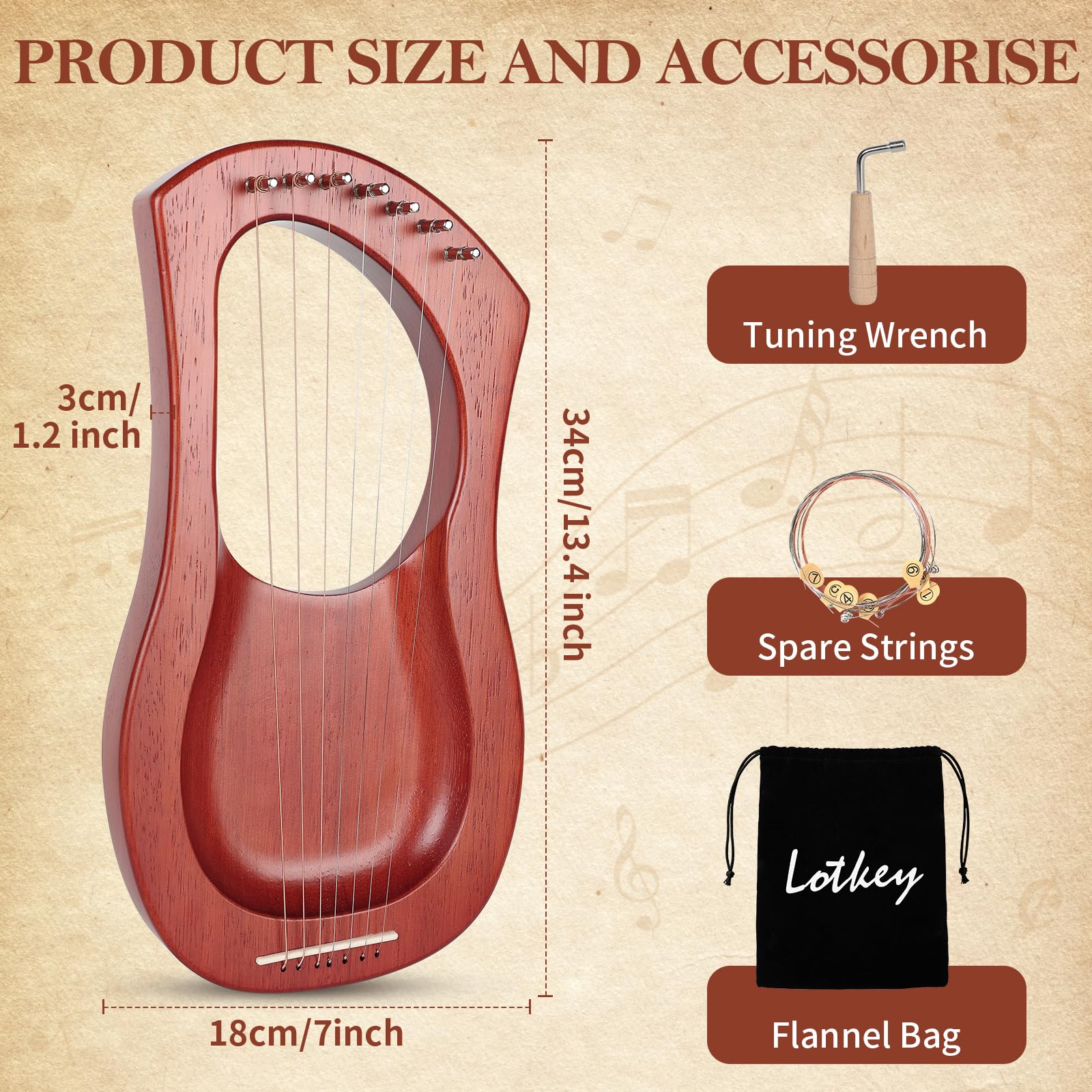 Lotkey 7 String Concave Lyre Harp, Handcrafted Solid Okoume Wood Harp for Beginners, Musical Instrument Portable Gift with Storage Bag, Tuning Wrench & Spare Strings for Kids & Adults.
