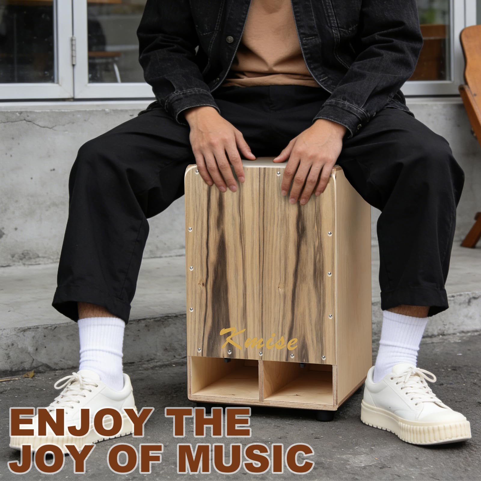 Kmise Enhanced Bass Response Cajon, 11.8×12.2×19.6″ Portable Adjustable Snare Cajons Drums,Solid Ebony & Birch Wood Drum Box, Percussion Instrument Gift for Adults Kids, With Carry Bag,for Performance