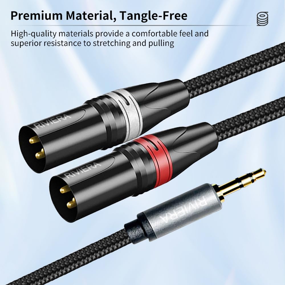 RIVIERA 10FT/3.0M Audio Cable 1/8 Inch 3.5mm Stereo TRS to Dual XLR Male Y-Splitter Adaptor Interconnect Patch Cord with Nylon Braid Aux Jacket and Sheild Wire Low Noise for Muscial Instrument