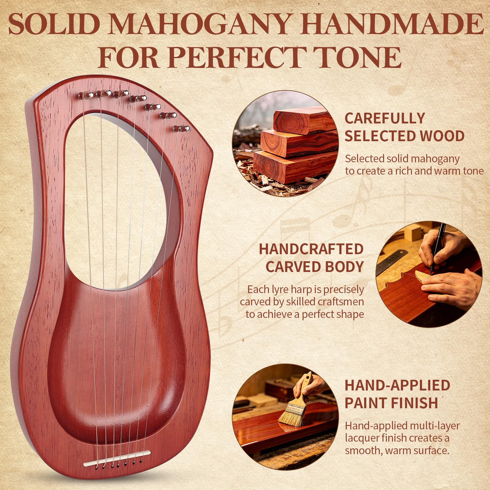 Lotkey 7 String Concave Lyre Harp, Handcrafted Solid Okoume Wood Harp for Beginners, Musical Instrument Portable Gift with Storage Bag, Tuning Wrench & Spare Strings for Kids & Adults.