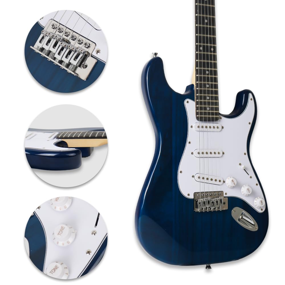 Trans Blue Electric Guitar With 20W Amplifier Set SSS Pickup Single Tremolo Solid Wood Build Starter Practice Bundle Kit(ST, Trans Blue)