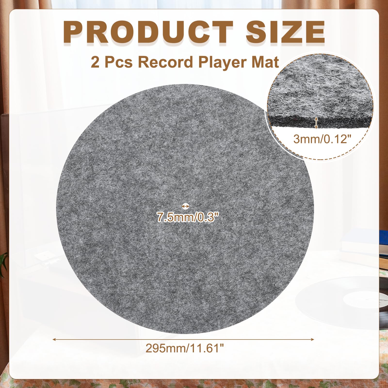 MECCANIXITY 2 Pcs Record Player Mat, 12 Inch Turntable Mat 3mm Felt Turntable Pad for Vinyl Record Player, Dark Gray