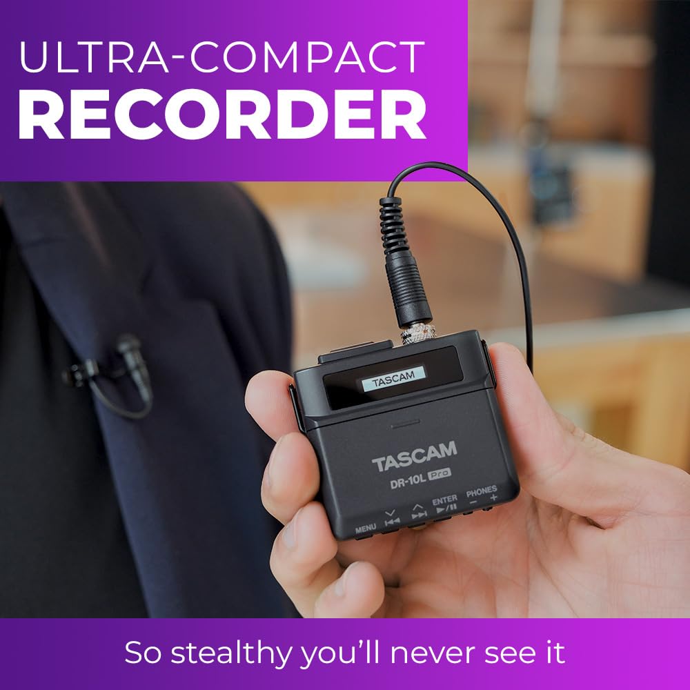 TASCAM DR-10L Pro Field Recorder with Lavalier Microphone and 32-bit Float Recording for Audio for Video — Supports 512GB microSDXC and LTC Jam Sync for Seamless Timecode Synchronization