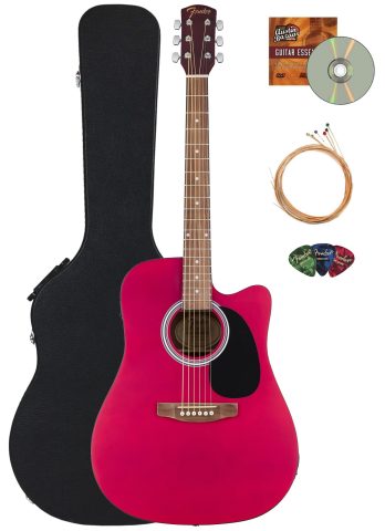 Fender FA Series Dreadnought Acoustic-Electric Guitar – Crimson Red Bundle with Case, Strings, Picks, and Austin Bazaar Instructional DVD