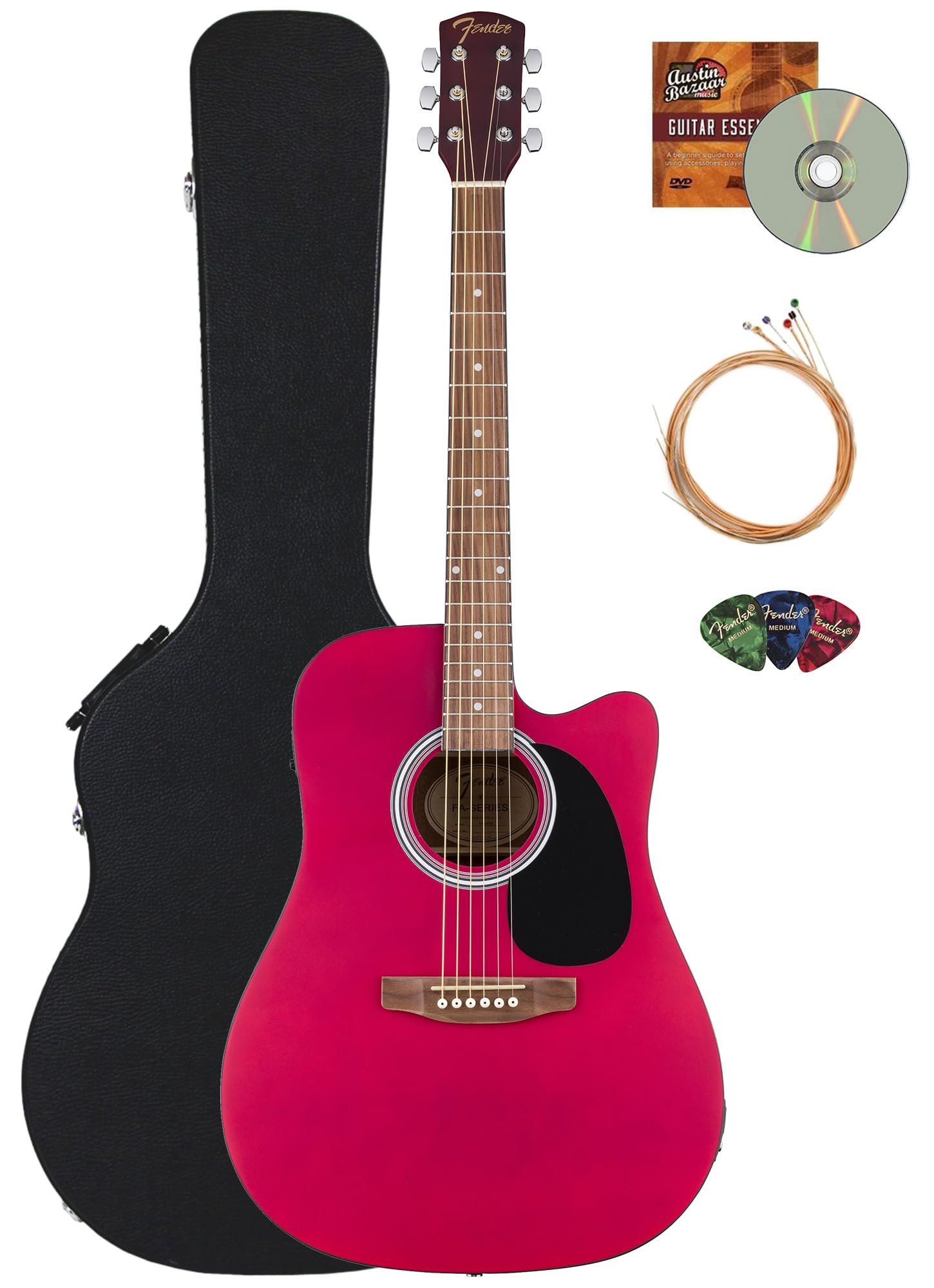 Fender FA Series Dreadnought Acoustic-Electric Guitar – Crimson Red Bundle with Case, Strings, Picks, and Austin Bazaar Instructional DVD