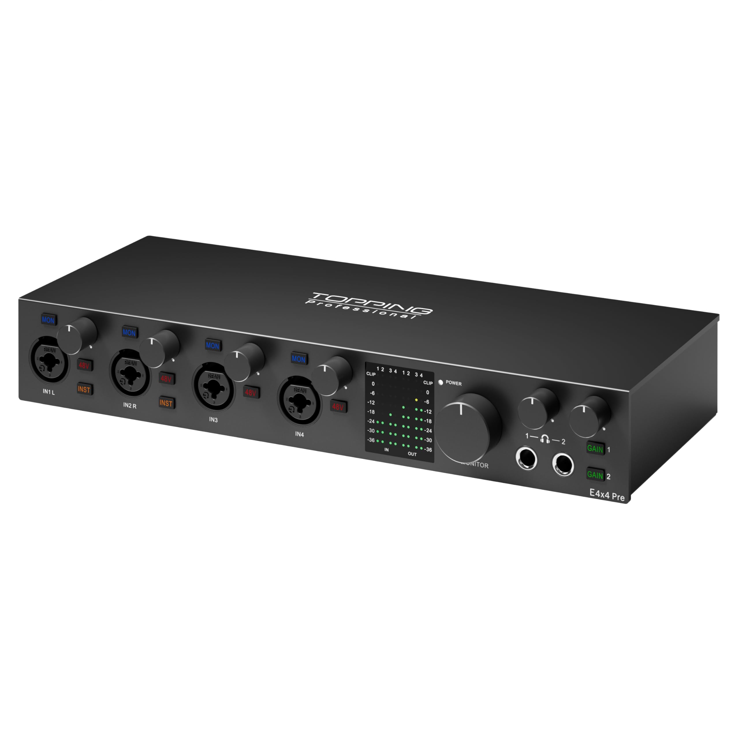 TOPPING E4X4 Pre USB Audio Interface – Dual USB-C Ports, 24bit/192kHz, 4IN/4OUT, Dual Headphone Outputs, Low Noise, Real-Time Monitoring, Mixer, for PC, Mac, iPhone, Professional Recording(Black)