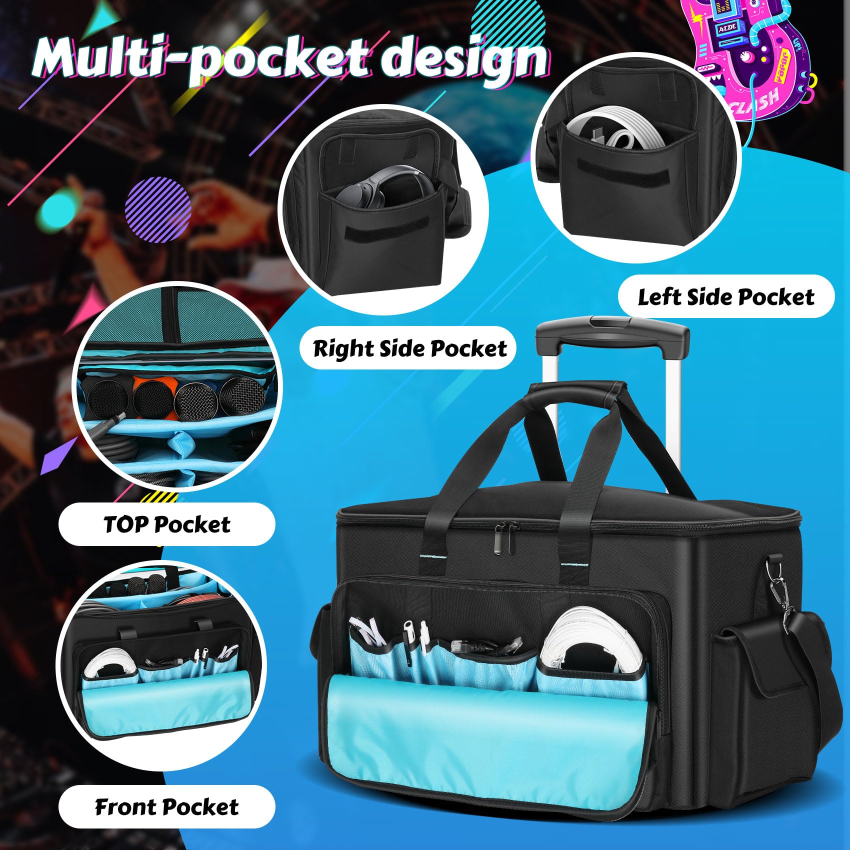 DJ Cable Bag, Rolling DJ Cable Bag with Detachable Trolley & Dividers