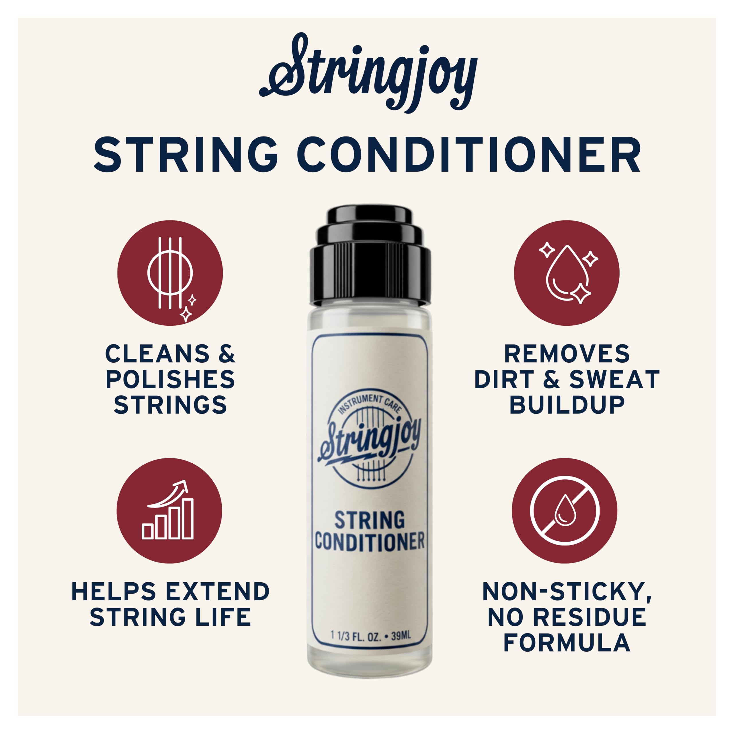 Stringjoy String Conditioner – Guitar String Cleaner for Electric & Acoustic Guitar, Bass, & Stringed Instruments – Prolongs Sound & Playability, Safe for All String Types & Fretboards, 1.33 fl oz