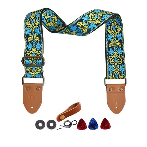 Farcaya Guitar Strap Embroidered Weave Flower Adjustable Shoulder Strap with 2Strap Lock Button 3Picks Headstock Strap Tie for Acoustic Electric Bass(Blue+Yellow)