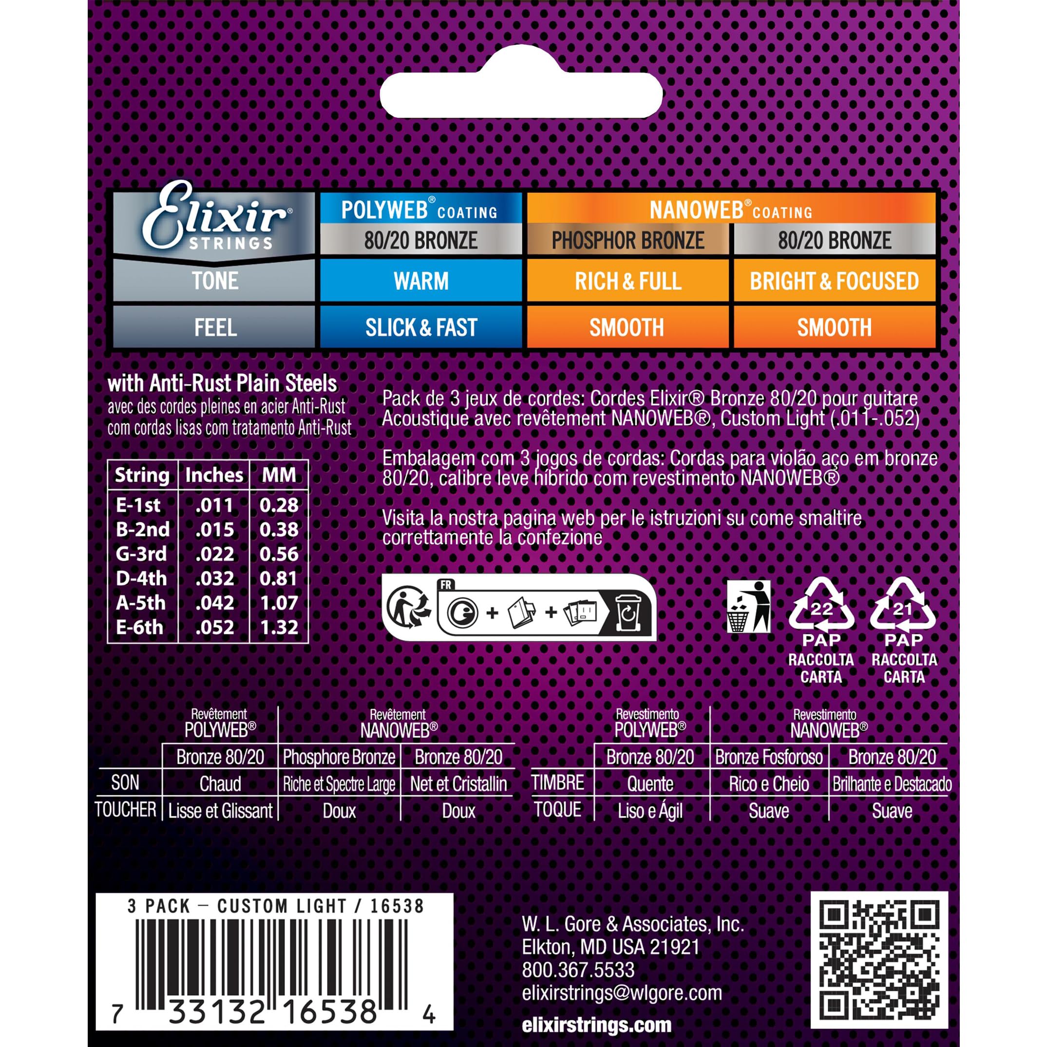 Elixir Strings, Acoustic Guitar Strings, 80/20 Bronze with NANOWEB Coating, Longest-Lasting Bright and Focused Tone with Comfortable Feel, 6 String Set, 3 Pack, Custom Light 11-52