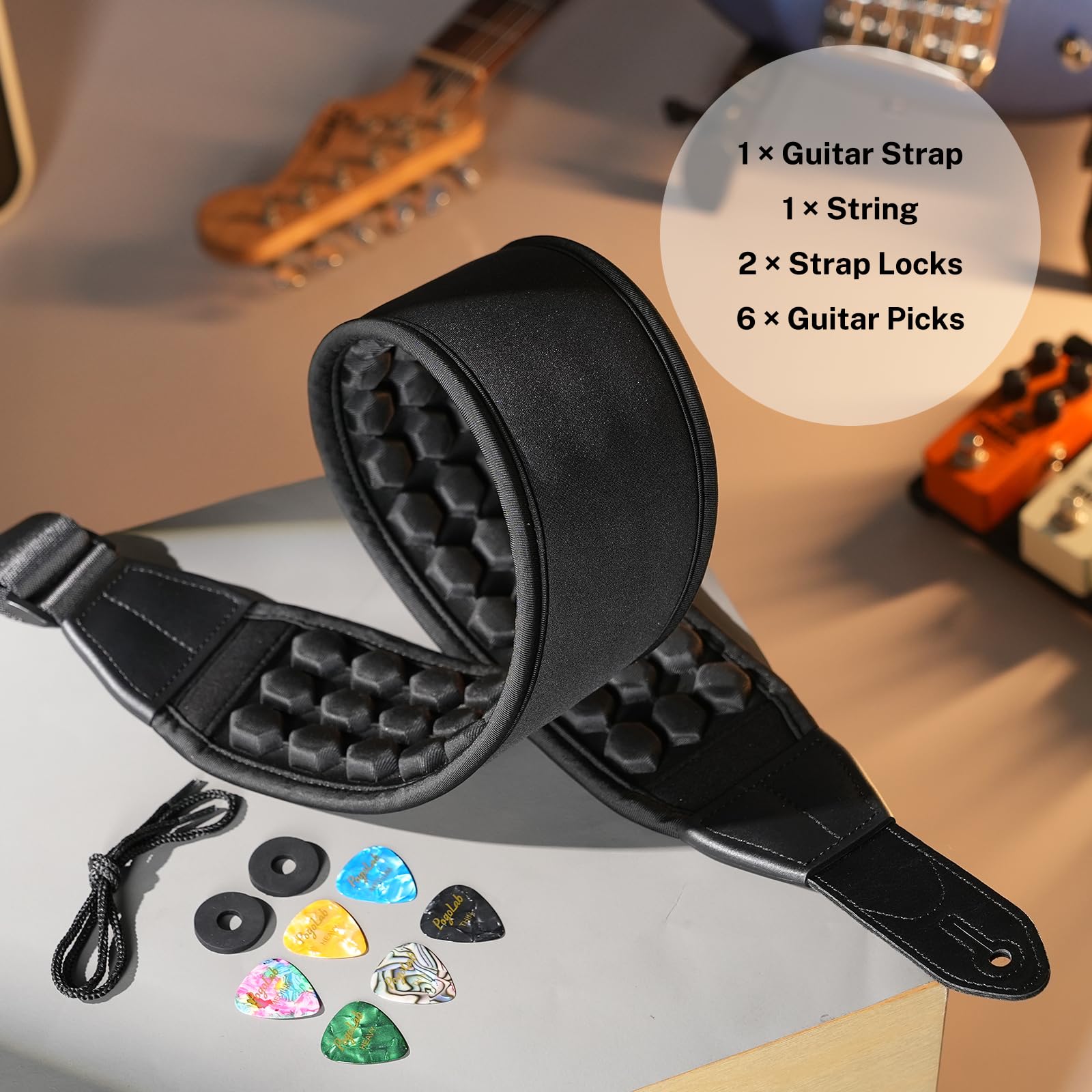 POGOLAB Guitar Strap, 3.5″ Wide Air Cell Cushions Neoprene Padded Soft Comfortable Bass Strap, Adjustable Length from 47″ to 55″ with Strap Locks & Picks, for Bass Electric Guitar (Regular) Black