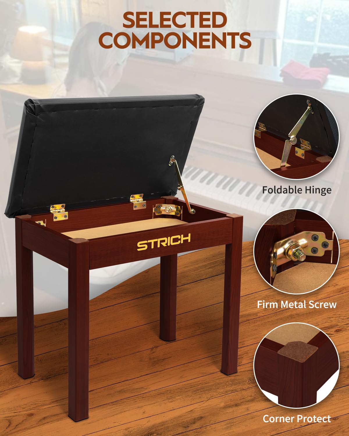 STRICH Piano Bench with Storage, Solid Wood Keyboard Bench Piano Bookcase Stool Chair Seat with Padded Cushion, Deep Brown