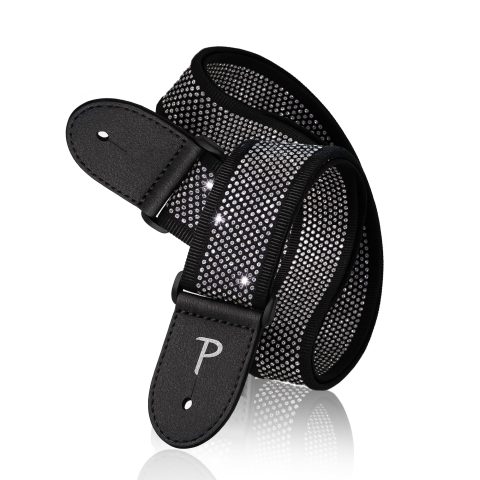 Perri’s Leathers, 39″-58″, Black with Rhinestones, Rhinestone Jacquard Guitar Strap – Adjustable Length, 2″ Wide, Leather Ends Straps, Guitar Accessories