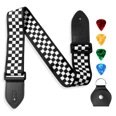 Black White Grid Guitar Strap, Stylish Acoustic Electric Guitar Strap