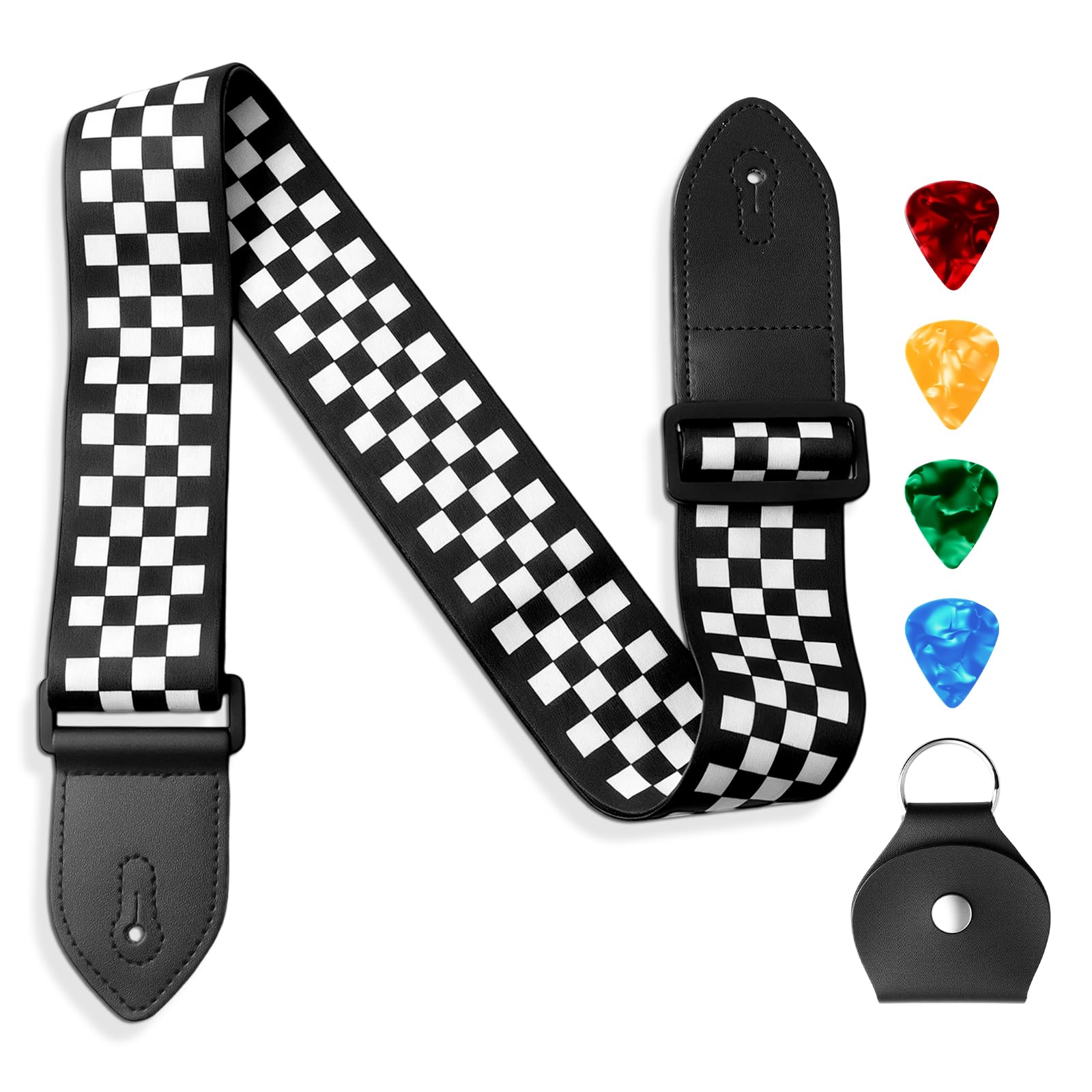 Black White Grid Guitar Strap, Stylish Acoustic Electric Guitar Strap