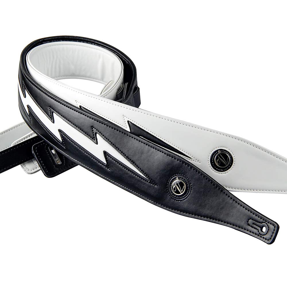 adiya Guitar Strap with Lightning Bolt for Electric Guitars/Bass, Leather Adjustable Length,Black/White/Red Available (White body black lightning)