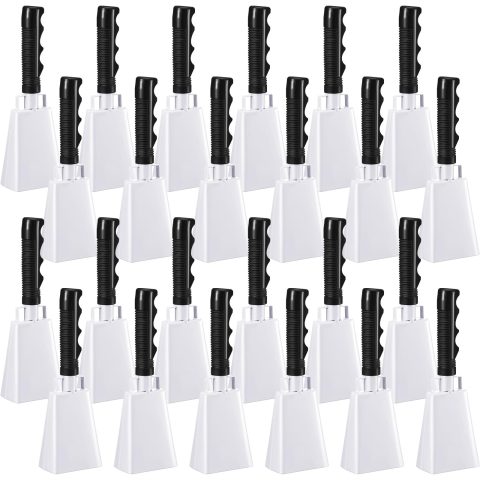 Fiada 24 Pcs Metal Cowbells Bulk with Handle Noise Makers, white, 9 ”