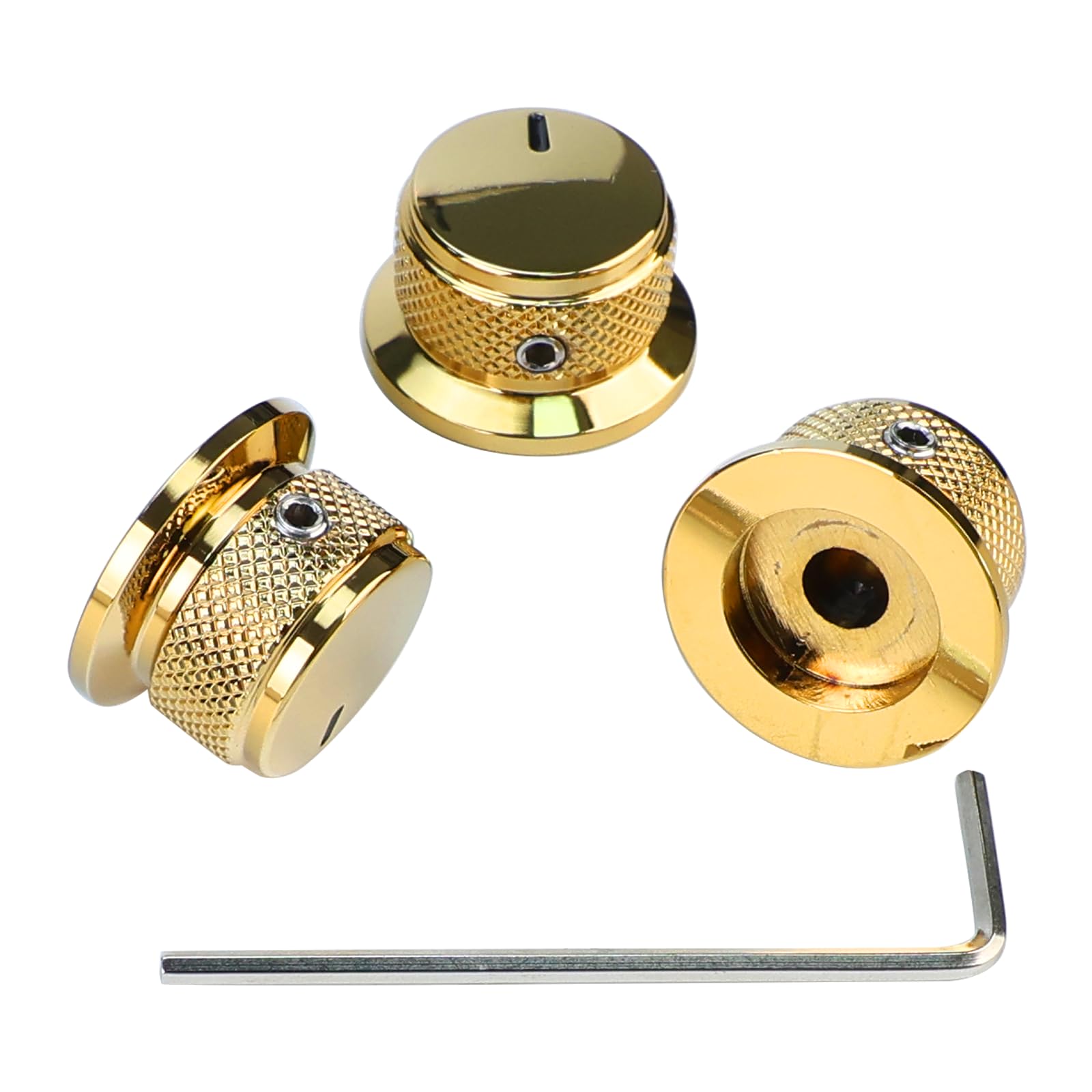 OVSAL 3PCS Electric Bass Guitar Metal Knobs Flat-top Hat-Shaped Volume Tone Control Knobs with Set Screw 6mm Hole Compatible with Fender Strat Telecaster Les Paul Electric Guitars or Basses(Gold)