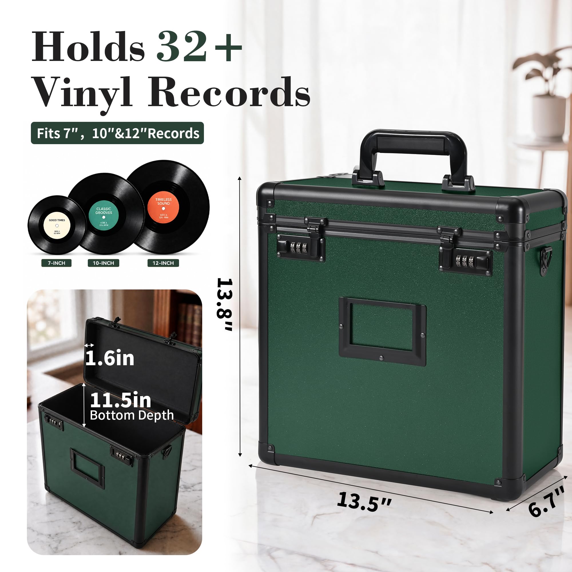 GALHUBIS Vinyl Record Box, Lockable Album Organizer, Holds 32 LPs, Green