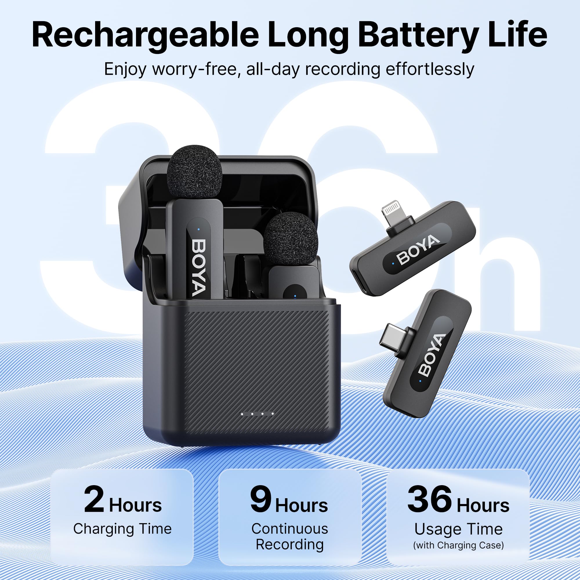 BOYA BY-V3 Combo Wireless Microphone for iPhone Android Smartphone,100M Los Range,36H Duration,Noise Cancellation,Plug&Play Lavalier Lapel Mics for Vlogging Interview 2-in-1 Charging Case(2TX+2RX)