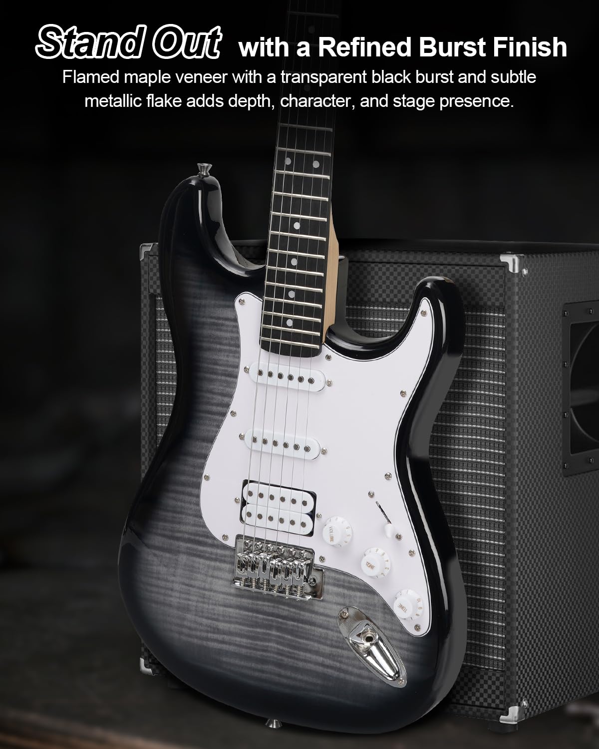 Umelody UST-200 Beginner Electric Guitar Kit HSS Pickup, Versatile 5-Way Switch for Clean to High-Gain Tone, Full-Size ST Style Guitar for Starter & Intermediate Players, Gig Bag (Midnight Black)