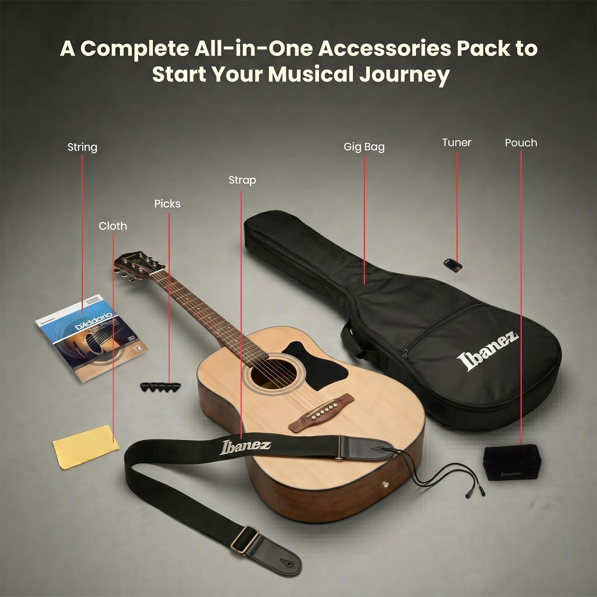 Ibanez IJVC50 JamPack Grand Concert Dreadnought Acoustic Guitar Pack – Open Pore Natural Bundle with Gig Bag, Tuner, Strings, Pouch, Strap, Picks and Austin Bazaar Polishing Cloth